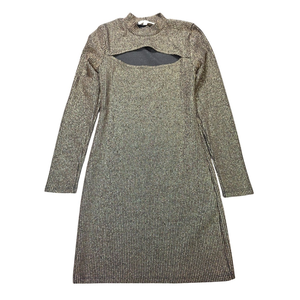 Rewind Cutout Mini Dress Junior's Size S Gold Metallic Black Ribbed Mock Neck